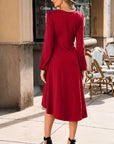 Solid Ruched Long Sleeve Midi Dress