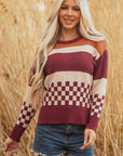 Checker Colorblock Knitted Drop Shoulder Sweater