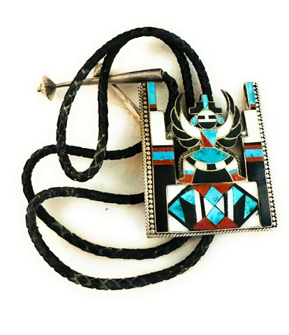 Vintage Old Pawn Zuni Multi Stone & Sterling Silver Inlay Thunderbird Bolo Tie