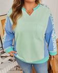 Plus Size Floral Patchwork Long Sleeve V-Neck Top
