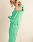 Solid Corded Short Sleeve T Shirt And Wide Leg Pants Set