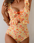 Floral Ruffle Trim Keyhole One-Piece Swimsuit