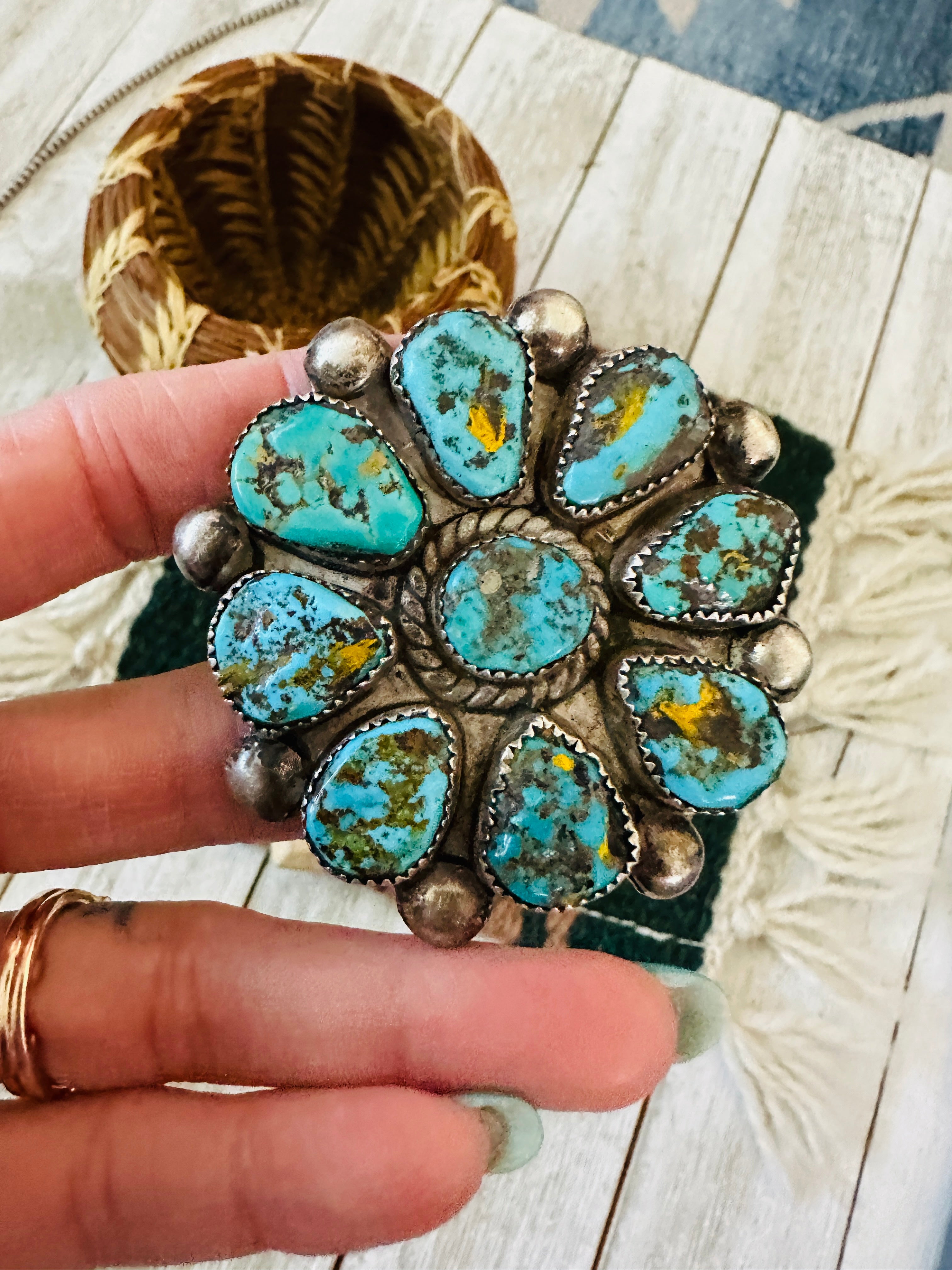 Old Pawn Navajo Sterling Silver & Turquoise Cluster Ring Size 7.25