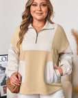 Khaki Stripe Mix Half Zip French Terry Plus Size Sweatshirt