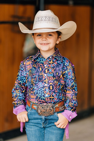 *YOUTH* NEON LIGHTS FRINGE PERFORMANCE RODEO SHIRT