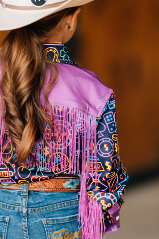 *YOUTH* NEON LIGHTS FRINGE PERFORMANCE RODEO SHIRT