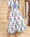 Floral Ruffle Hem Pop of Color Neckline Dress