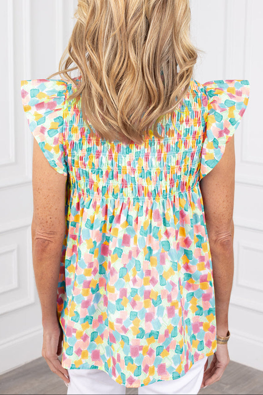 Abstract Shirred Ruffle Sleeve Blouse