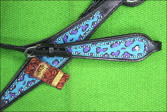 HILASON Western Horse Leather Headstall &amp; Breast Collar Set Turquoise Cheetah