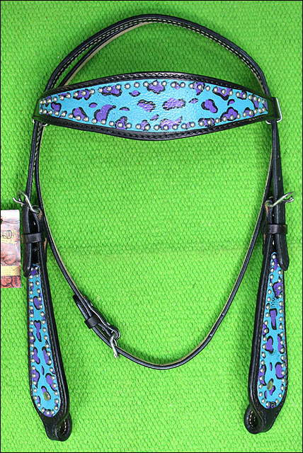 HILASON Western Horse Leather Headstall &amp; Breast Collar Set Turquoise Cheetah