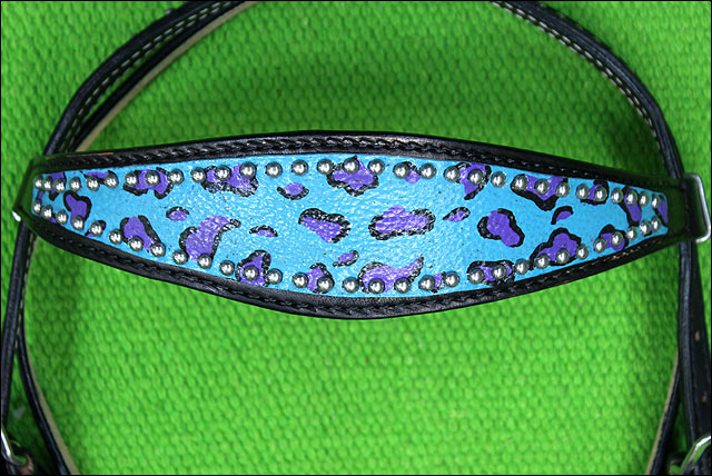HILASON Western Horse Leather Headstall &amp; Breast Collar Set Turquoise Cheetah