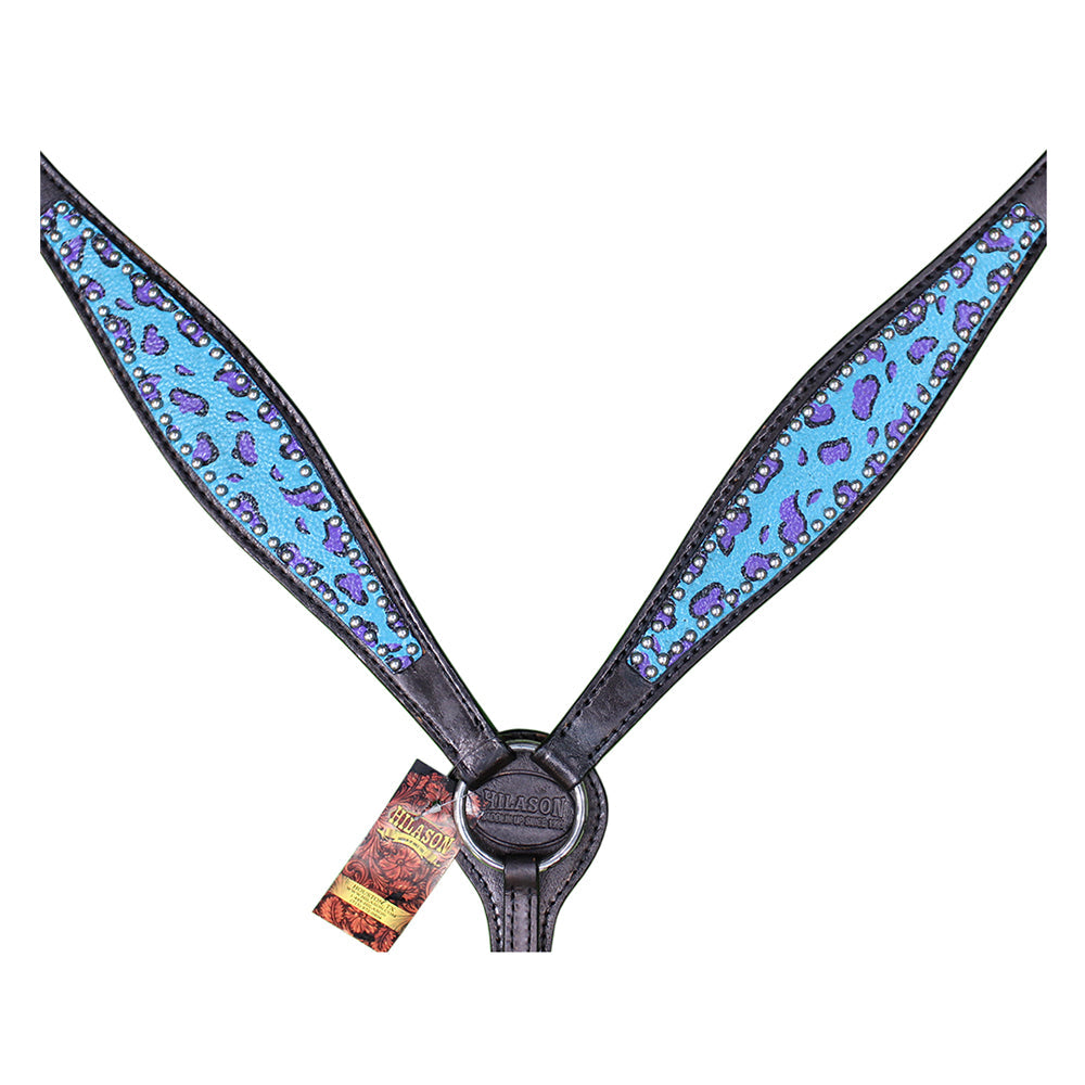 HILASON Western Horse Leather Headstall &amp; Breast Collar Set Turquoise Cheetah