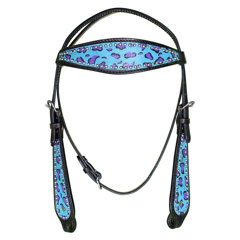 HILASON Western Horse Leather Headstall &amp; Breast Collar Set Turquoise Cheetah