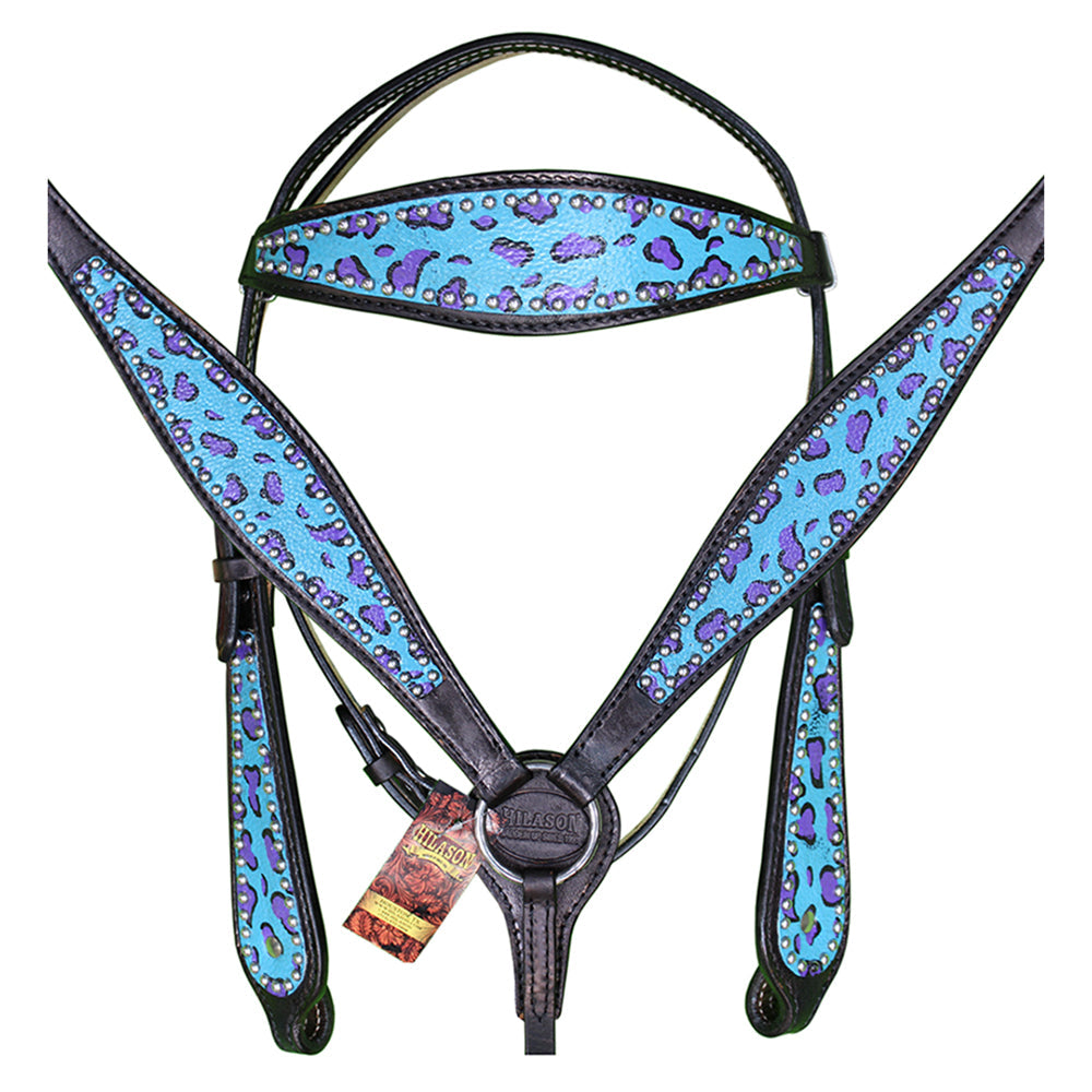 HILASON Western Horse Leather Headstall &amp; Breast Collar Set Turquoise Cheetah