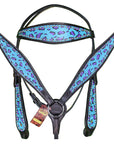 HILASON W. H. Leather Headstall & Breast Collar Set Turquoise Cheetah