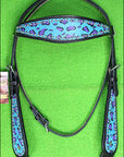 HILASON W. H. Leather Headstall & Breast Collar Set Turquoise Cheetah
