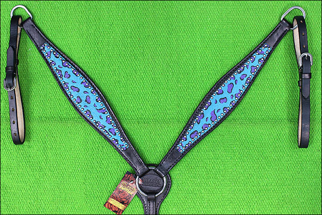 HILASON Western Horse Leather Headstall &amp; Breast Collar Set Turquoise Cheetah