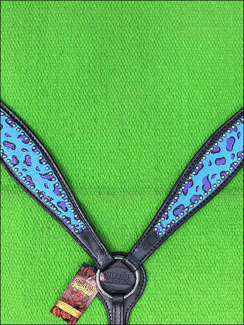 HILASON Western Horse Leather Headstall &amp; Breast Collar Set Turquoise Cheetah