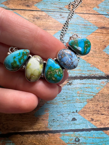 Handmade Sterling Silver, Sonoran Mountain Turquoise, Golden Hills Turquoise & Palomino Turquoise 5 Stone Necklace