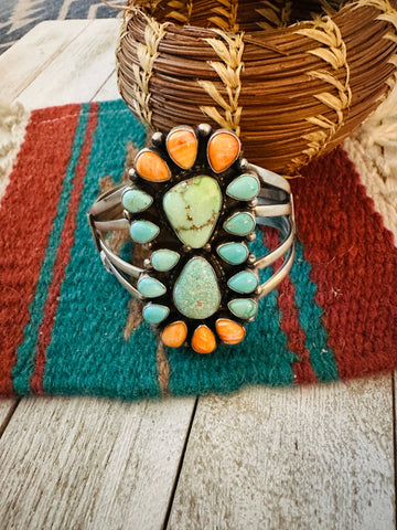 Navajo Spiny Oyster, Turquoise & Sterling Silver Cluster Cuff Bracelet