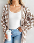 Plus Size Checker Drop Shoulder Open Front Cardigan