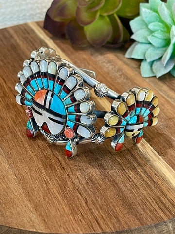 Handmade Sterling Silver & Multistone Sun Face Adjustable  Cuff Bracelet
