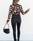 Floral Mesh Mock Neck Long Sleeve Top