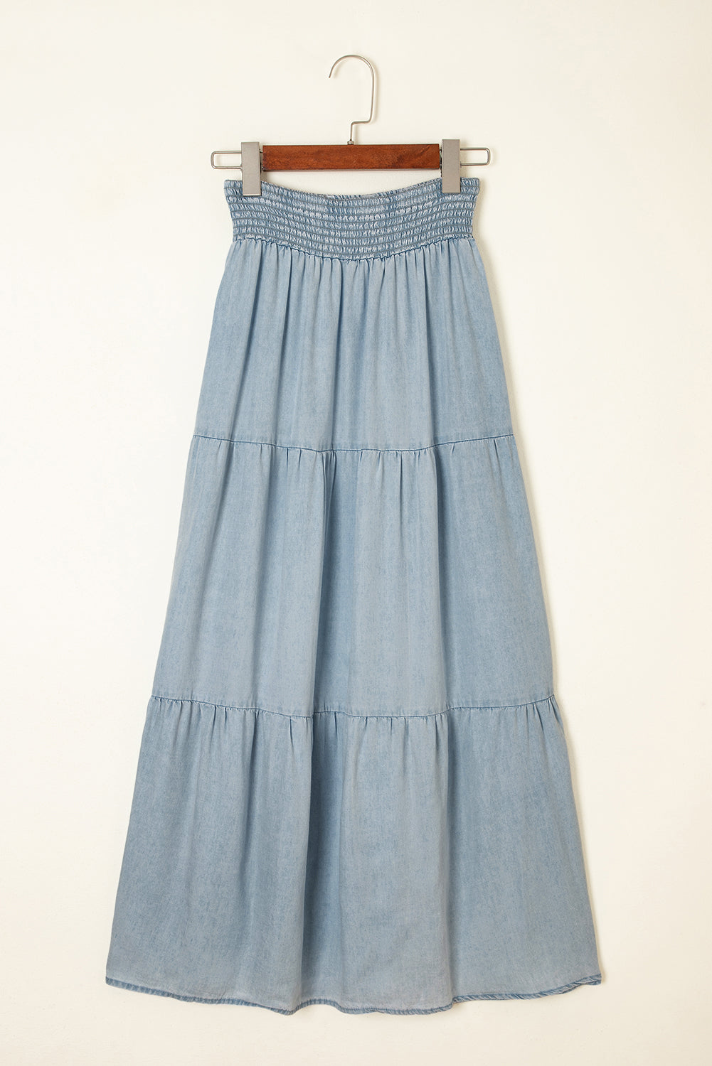Denim Smocked Tiered Maxi Skirt