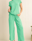 Solid Corded Short Sleeve T Shirt And Wide Leg Pants Set