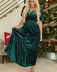 Velvet Shirred Waist Tiered Maxi Dress