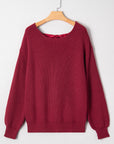 Ribbon Knot Backless Drop Shoulder Ribbed Sweater