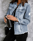 Denim Lapel Distressed Raw Hem Buttoned Jacket