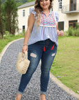 ARIYA STRIPE GEO PATTERN EMBROIDERED TASSEL FLUTTER Plus BLOUSE