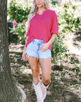 Delilah Textured Knit Split Neck Cuffed Short Sleeve Top