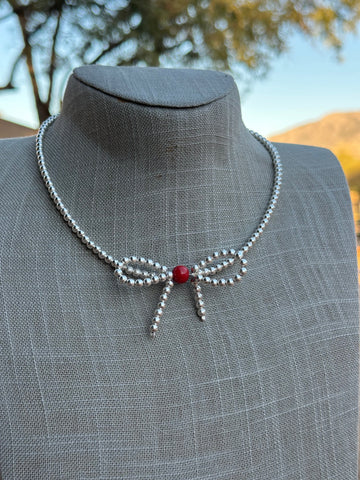 Stylish Sterling Silver Coral & Christmas Pearl Bow Tie Necklace