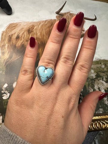 Beautiful Handmade Golden Hills Turquoise And Sterling Silver Adjustable Heart Ring