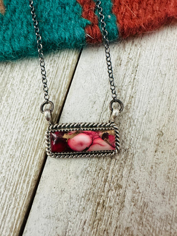 Navajo Rose Dahlia & Sterling Silver Bar Necklace