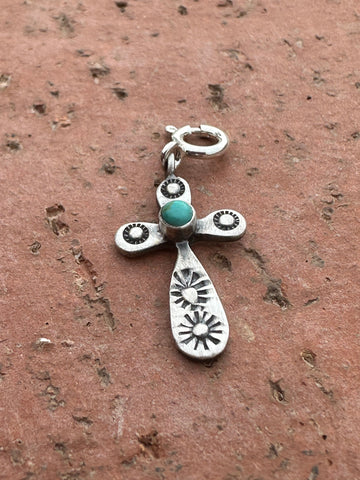 Sterling Silver and  Petit Point Turquoise Hand Stamped Cross Charm