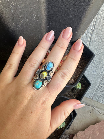 Beautiful Handmade Golden Hills Turquoise, Palomino Turquoise, Sonoran Mountain Turquoise And Sterling Silver Adjustable Ring