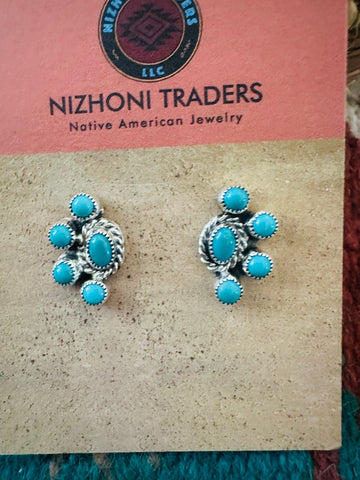 Navajo Turquoise & Sterling Silver Cluster Post Earrings