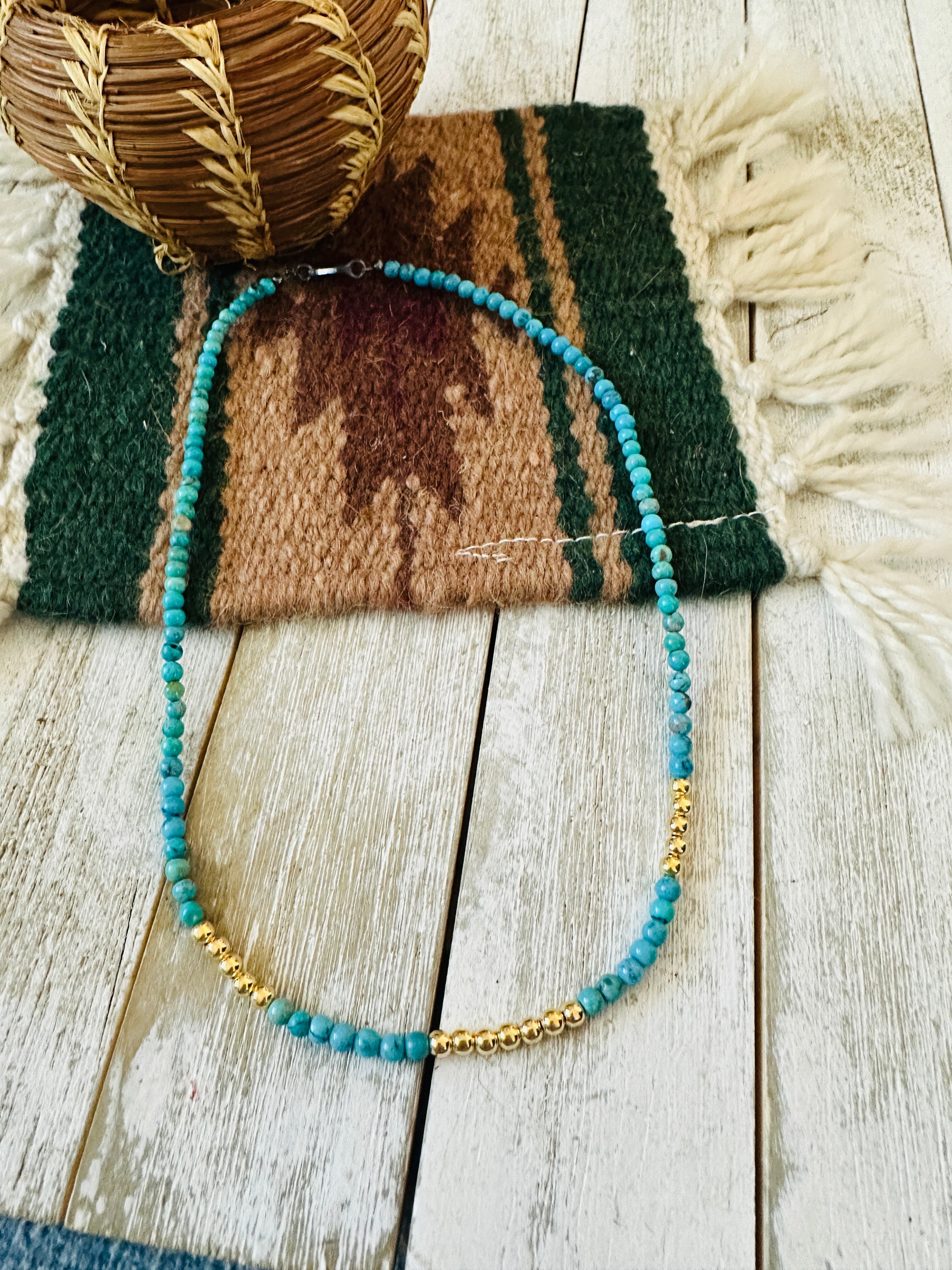 Navajo Turquoise & Gold Beaded 18” Necklace