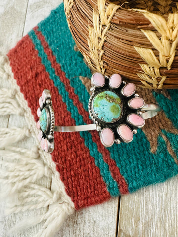 Navajo Queen Pink Conch, Turquoise & Sterling Silver Floating Cuff Bracelet