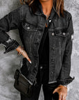 Denim Lapel Distressed Raw Hem Buttoned Jacket