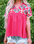 Zayla Embroidered Tassel Tie V Neck Blouse