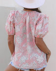Cattleya Floral Drawstring V Neck Puff Sleeve Loose Blouse