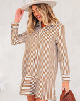Stripe Ruffle Hem Collared Long Sleeve Shirt Mini Dress