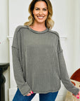 Solid Corded Knit Reverse Seam Long Sleeve Top