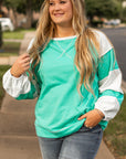 Aruba Blue Colorblock Patchwork Cross Seam Plus Sweatshirt