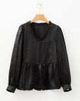 Solid Metallic V-Neck Puff Sleeve Babydoll Blouse