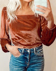 Velvet Ribbed Square Neck Puff Sleeve Top